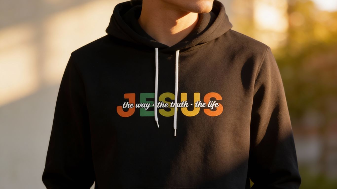 Person wearing black hoodie with 'Jesus' and inspirational message printed.