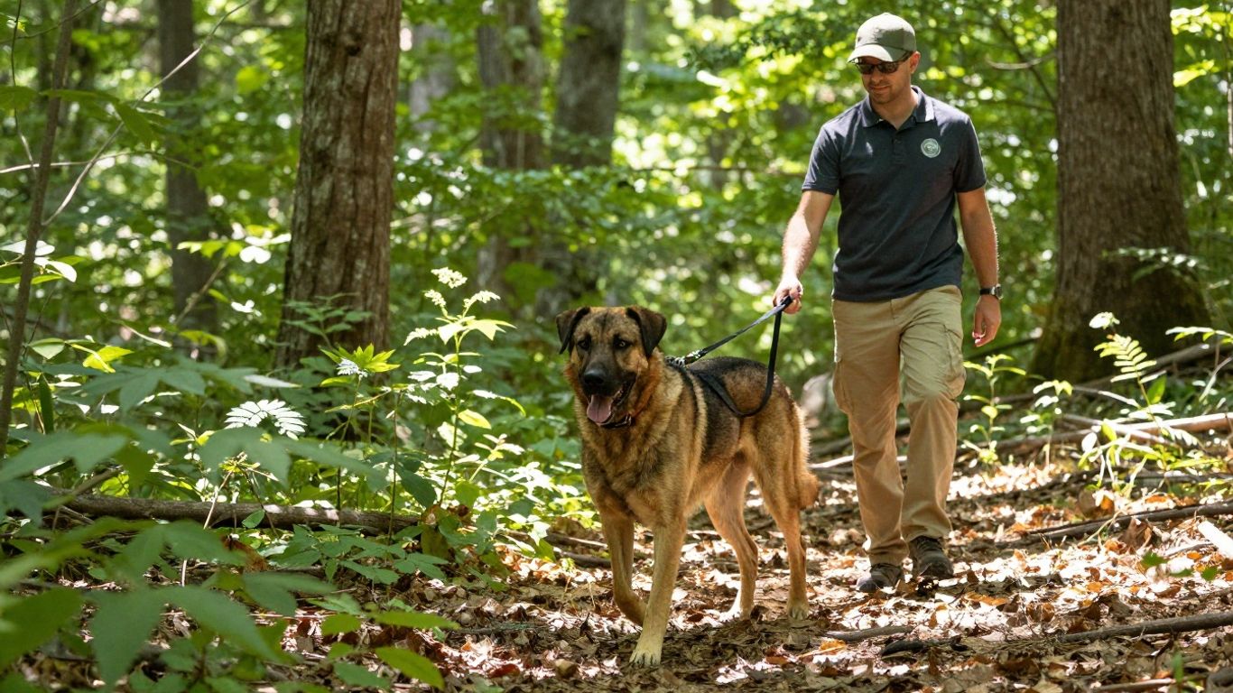 Dog and handler training outdoors on a leash.