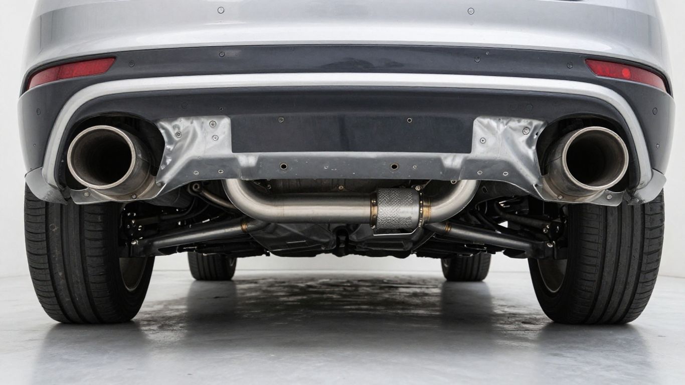 Underbody view of a modern vehicle exhaust system