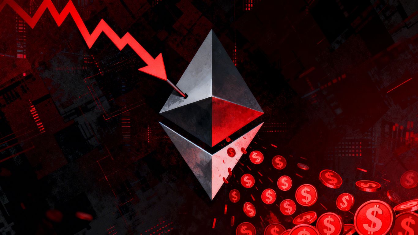 Ethereum logo with falling red currency symbols and downward arrow.