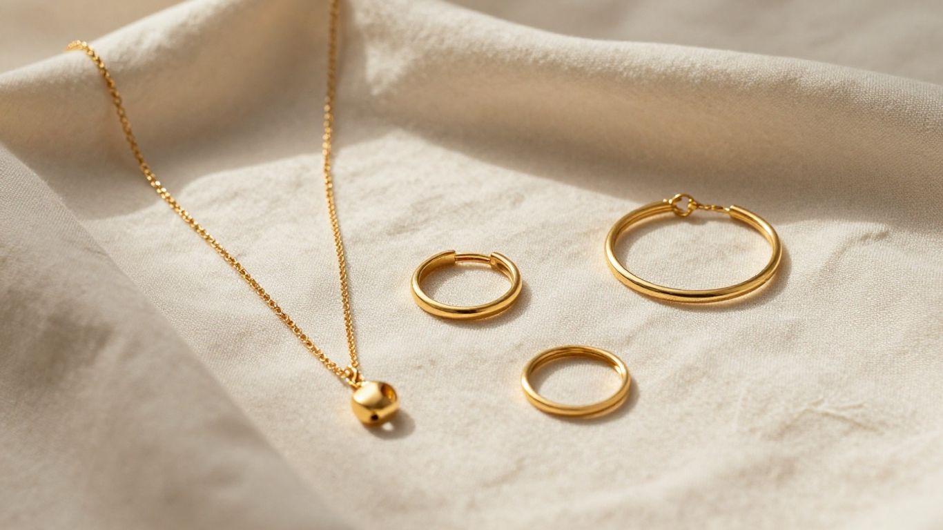 Gold jewelry arranged on a neutral linen surface