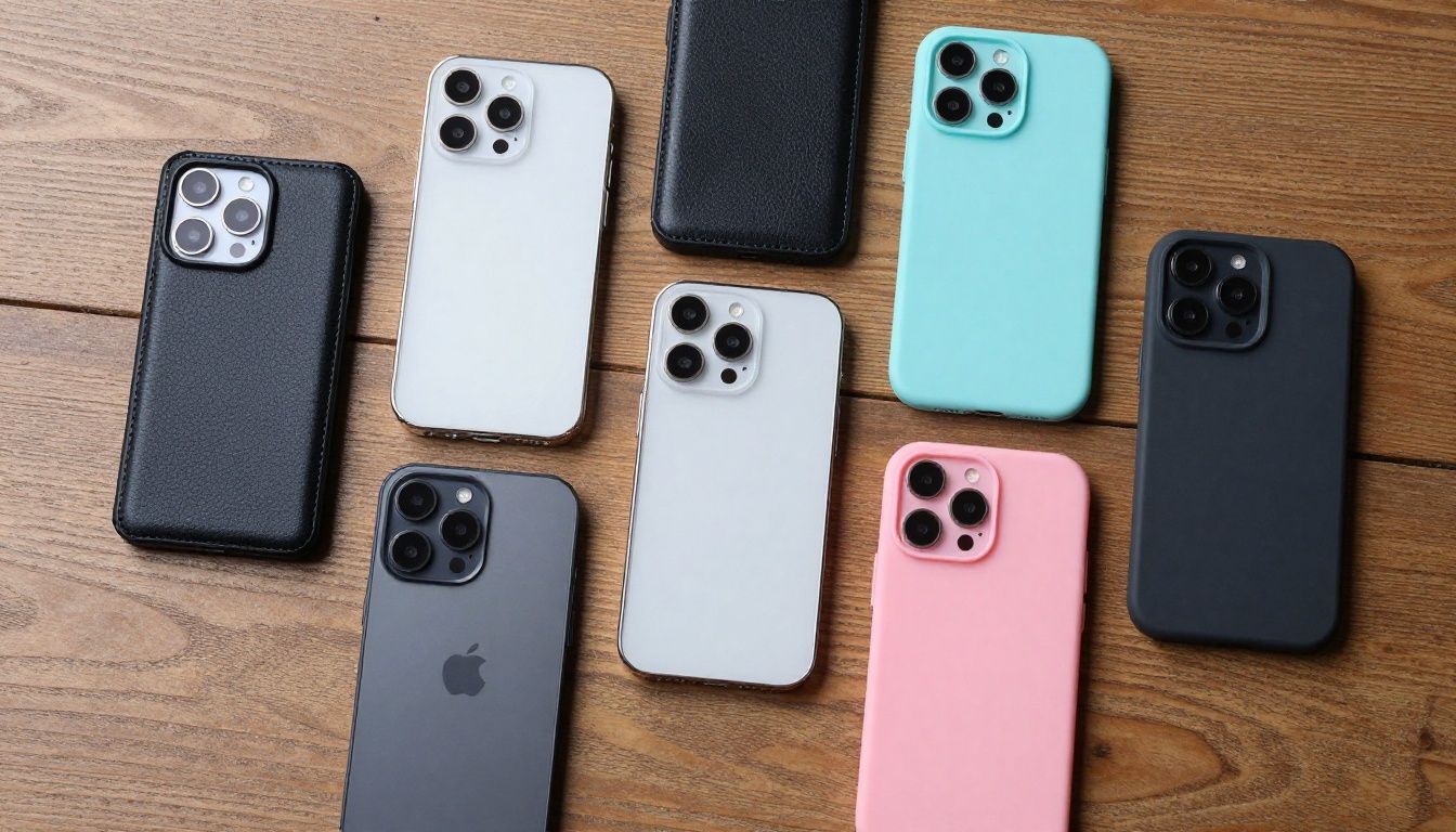 An overhead view of several different iPhone 16 Plus cases on a textured wooden surface, showcasing a variety of materials like leather, clear polycarbonate, and colourful silicone.
