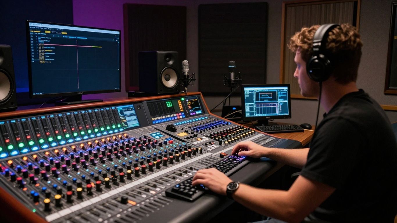 Sound engineer mixing audio in a studio.