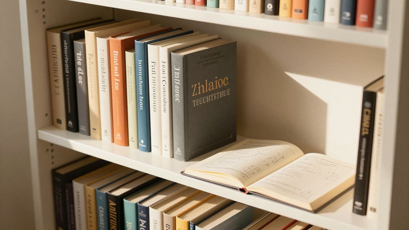 Organized shelf with books, journals, and an open notebook.