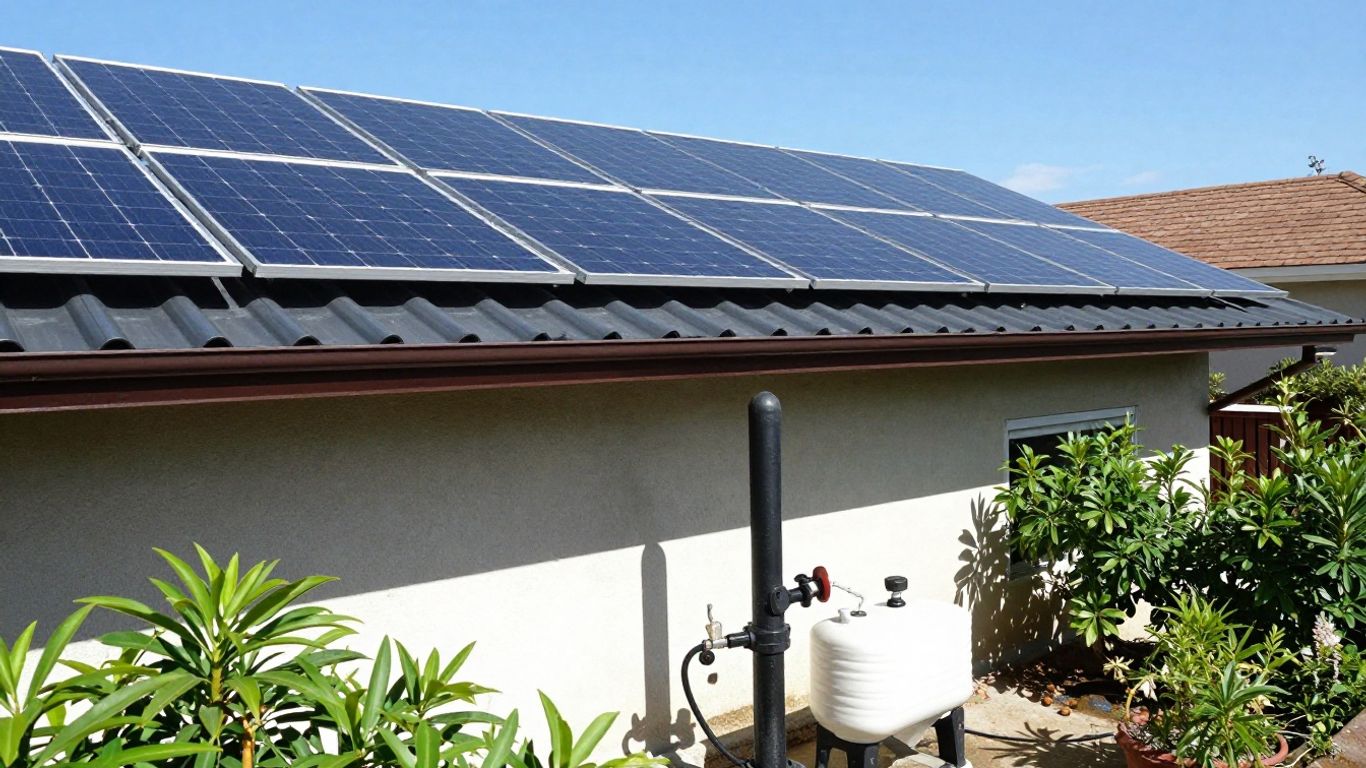 Solar panels powering a well pump on a sunny day.