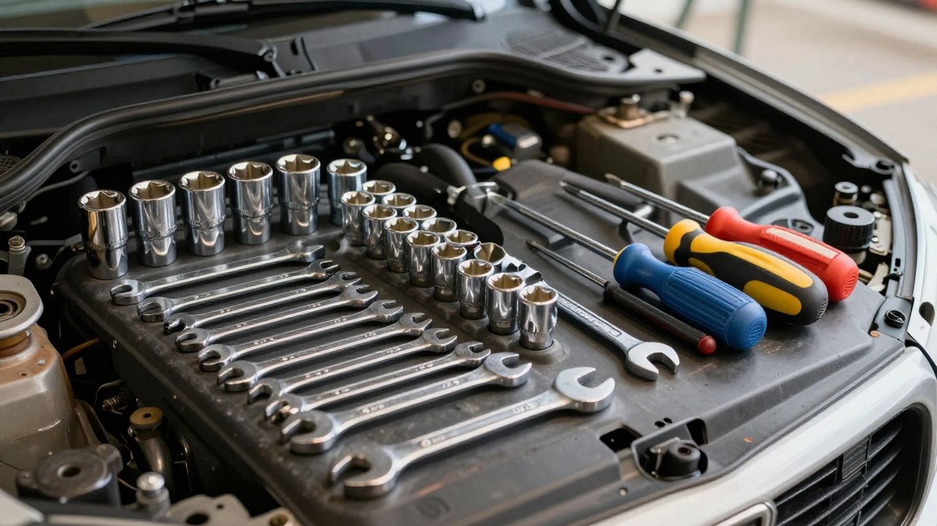 Mechanical tools arranged around a car engine