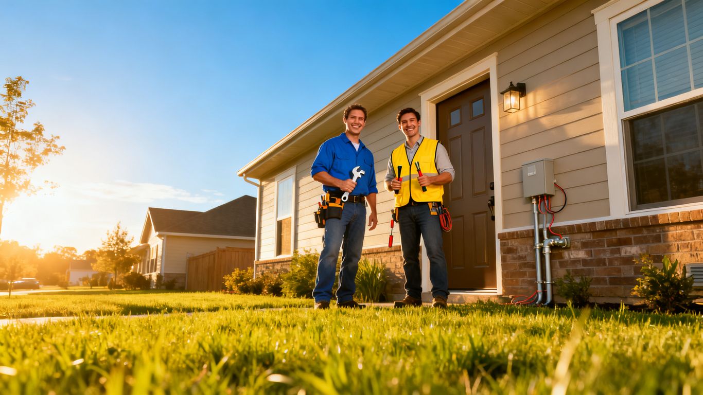 Plumber and electrician ready for summer home services.