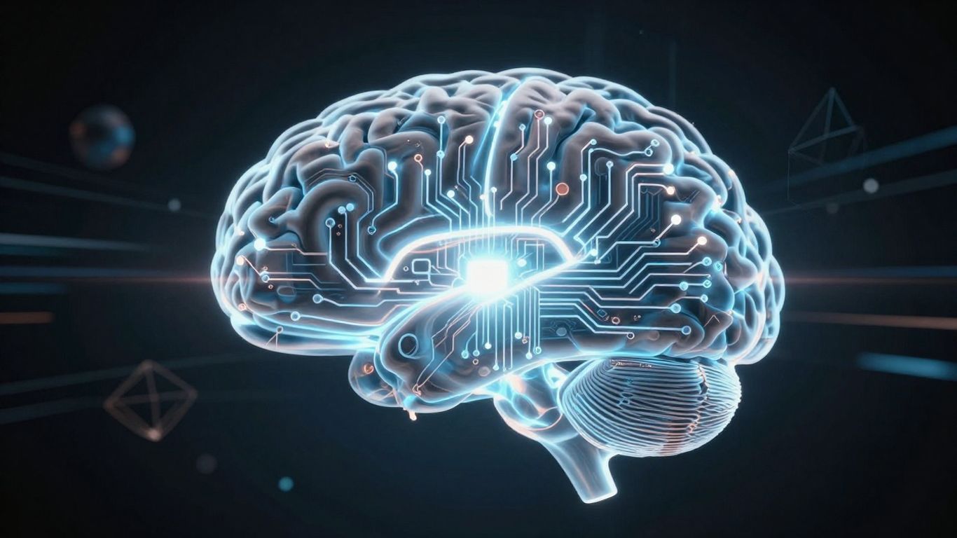 Futuristic AI brain with glowing circuits.