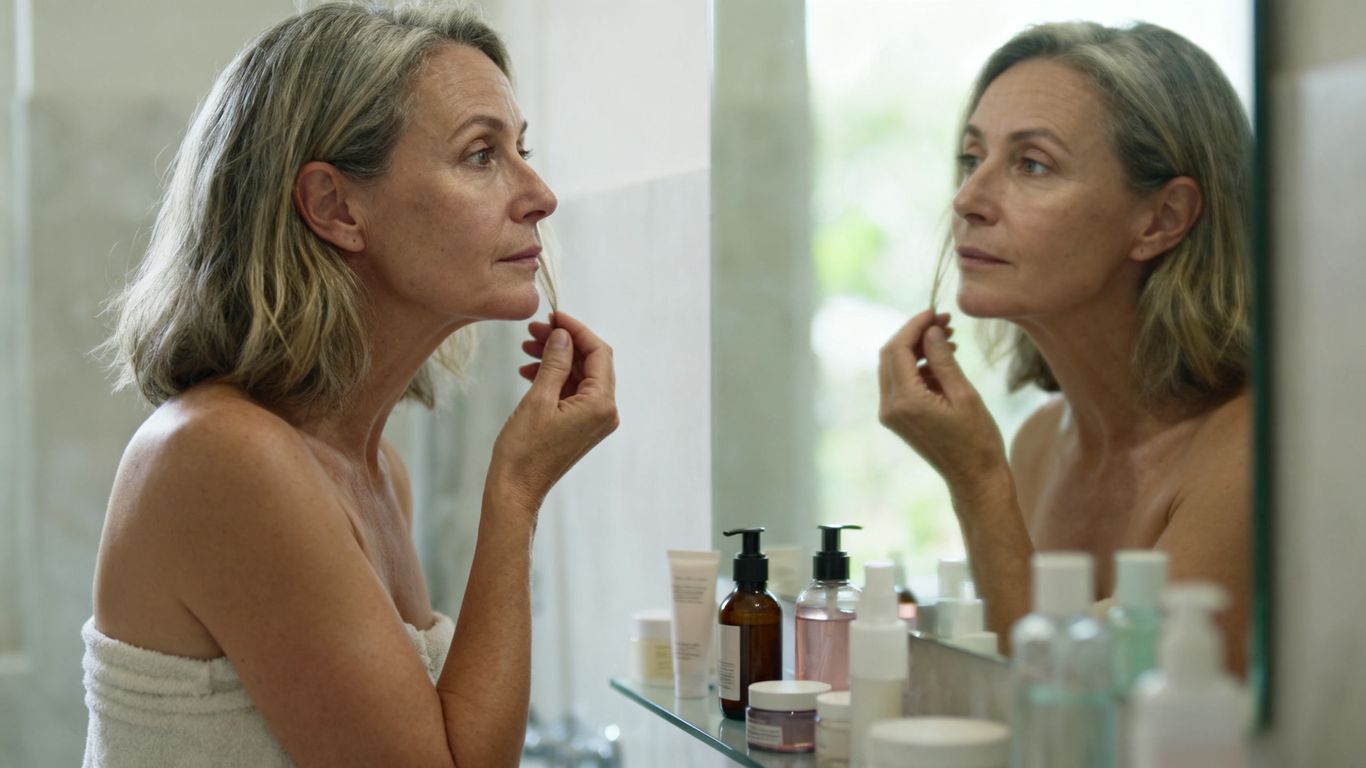 Woman examining facial skin in bathroom mirror