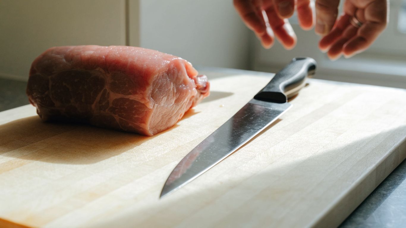 Sharp knife and pork loin on a pale maple board