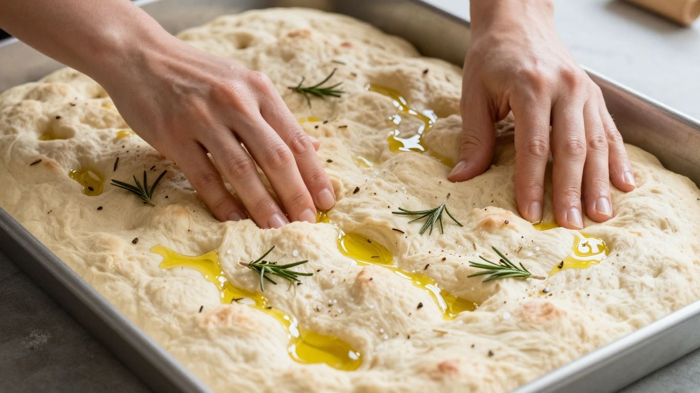 Hands dimpling risen focaccia dough in baking pan