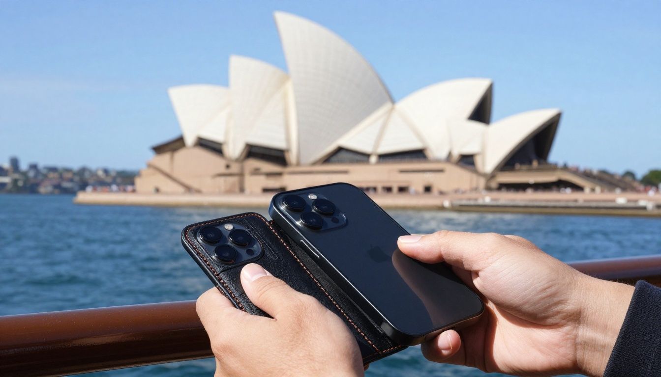 A person on a Sydney ferry using their iPhone 15 Pro in a wallet case to tap on for payment, with the Opera House visible in the background.