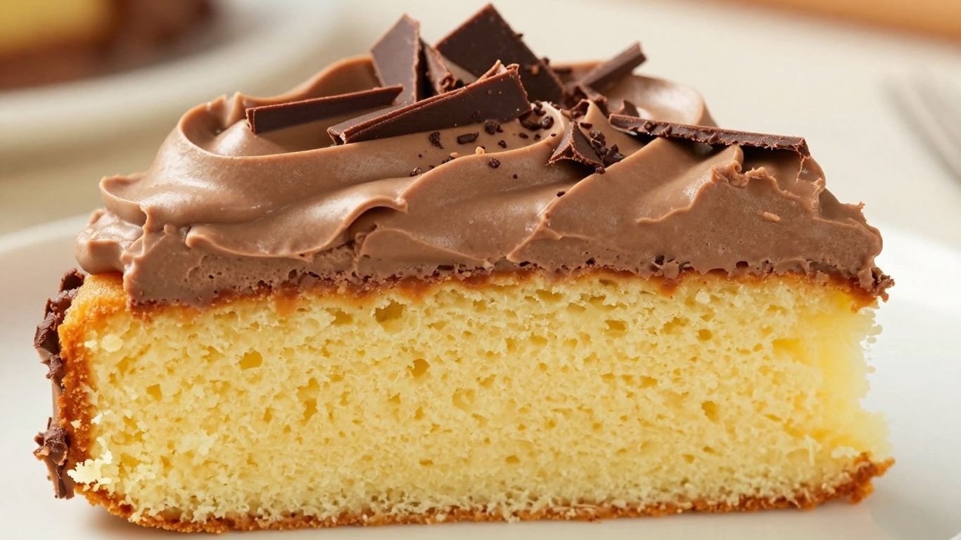 Slice of yellow cake with chocolate frosting