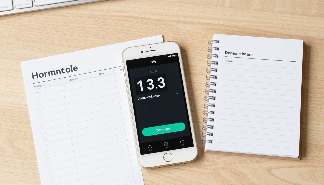 A clean, modern desk setup featuring a digital health tracker on a smartphone, an organized daily planner for medical protocols, and minimal health tech, representing clarity and precision in hormone tracking.