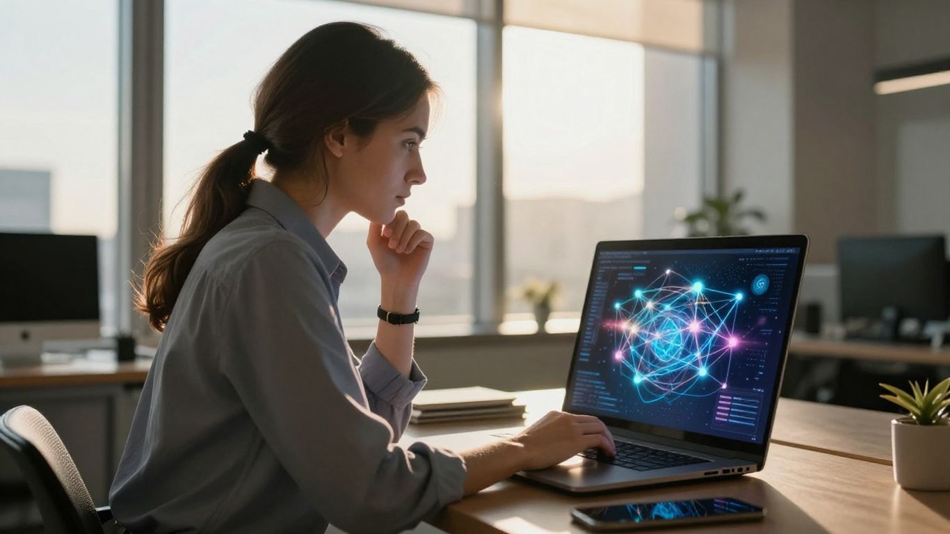 Professional working on a laptop with digital network graphics.