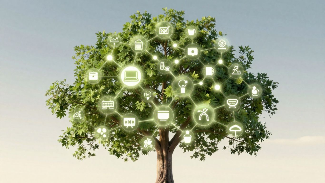 Digital tree structure with product icons.