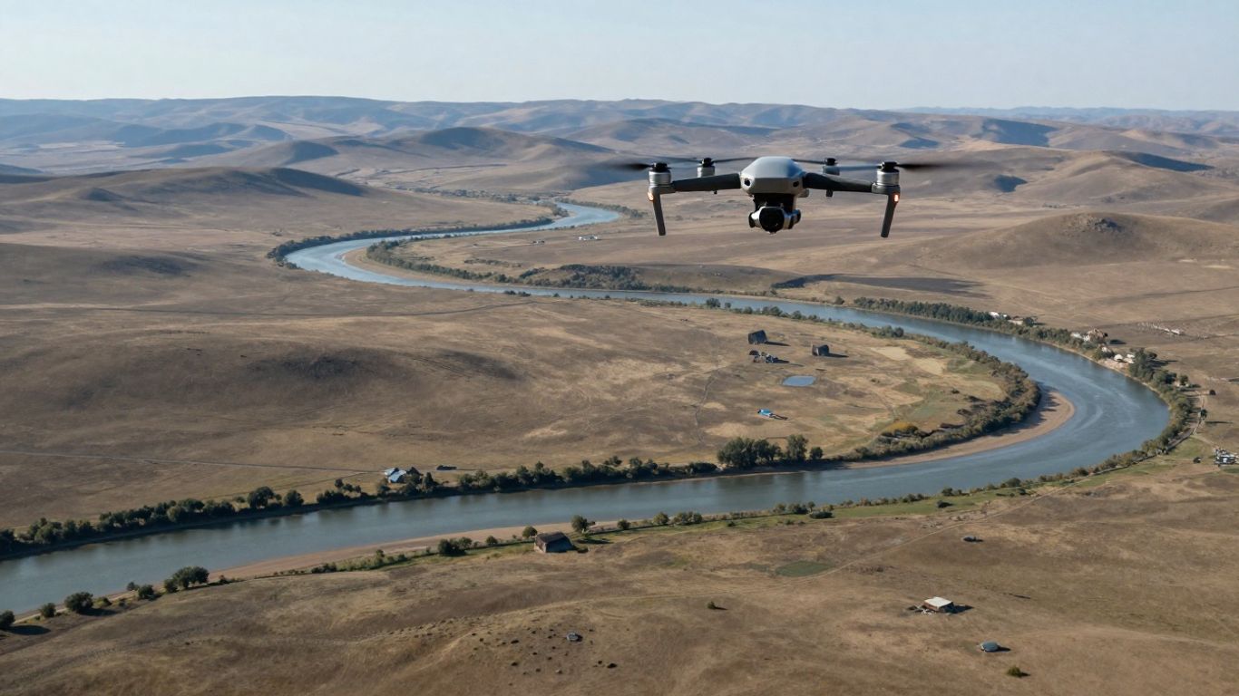 Drone flying high over a distant landscape.
