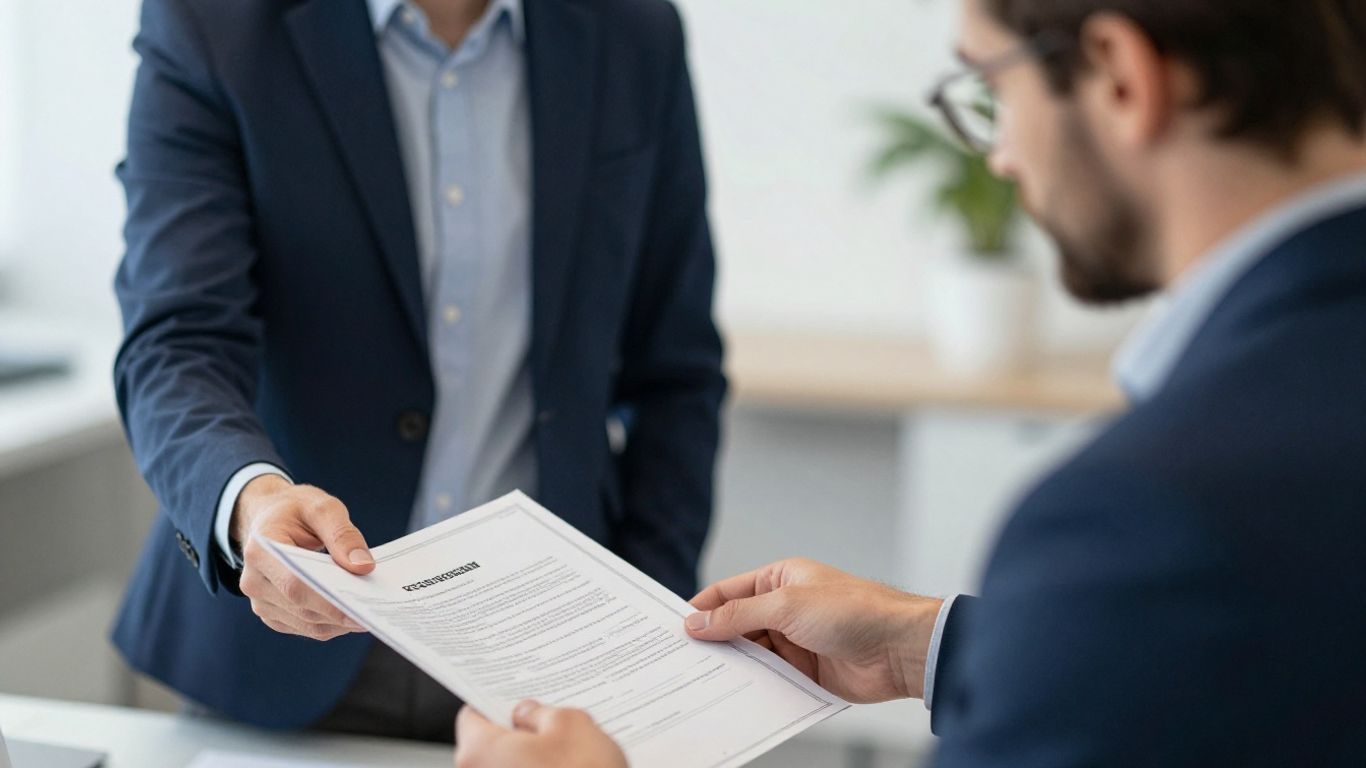 Auftraggeber und Subunternehmer besprechen Dokumente im Büro.