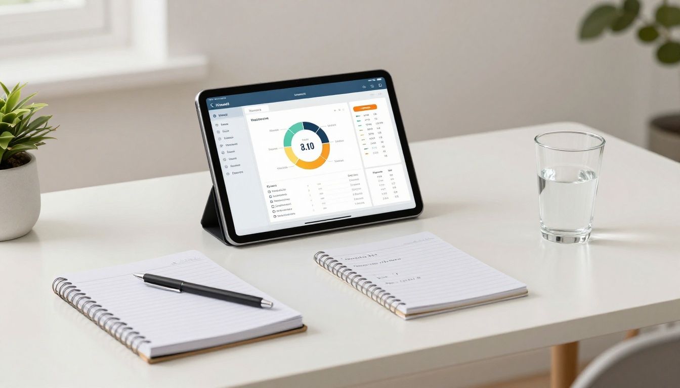 A bright, modern, and organized home office desk featuring a clean digital tablet displaying health tracking charts, a notebook with organized notes, and a glass of water, representing a proactive and data-driven approach to personal health and wellness.