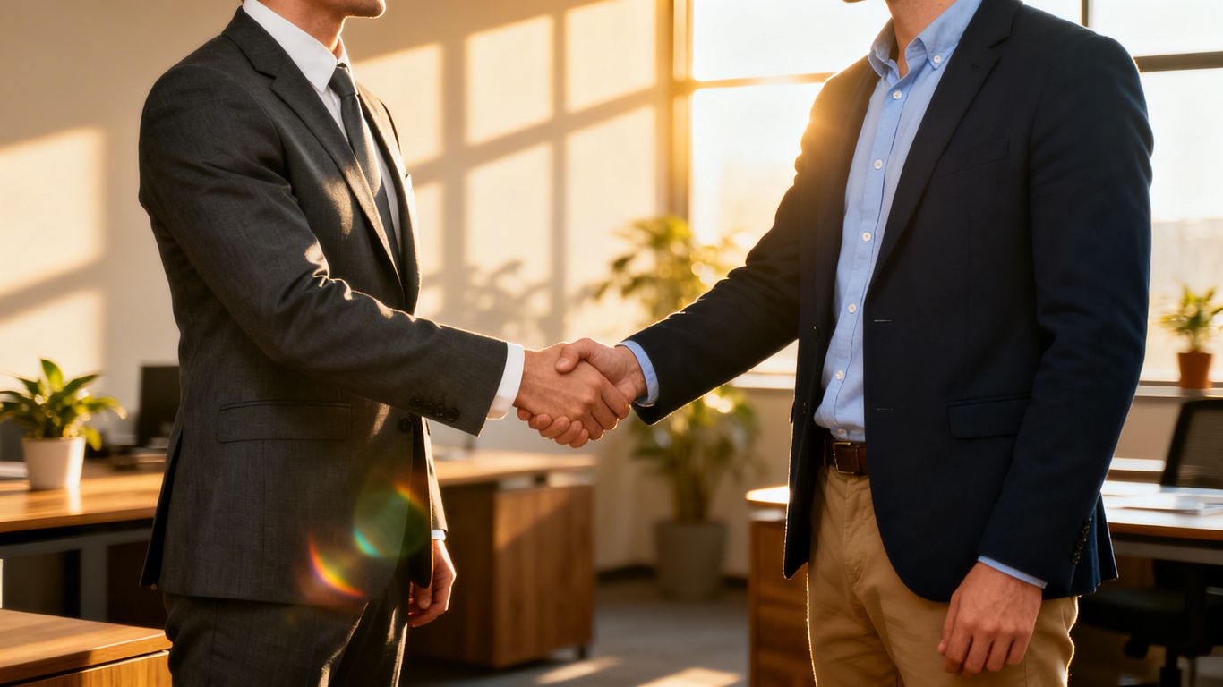 Handshake between two people in a professional setting.