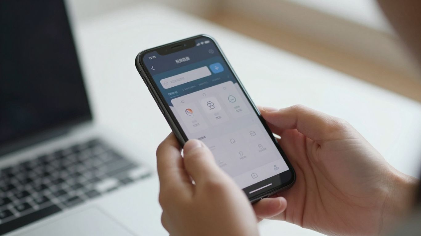 Hands holding a smartphone with a digital interface.