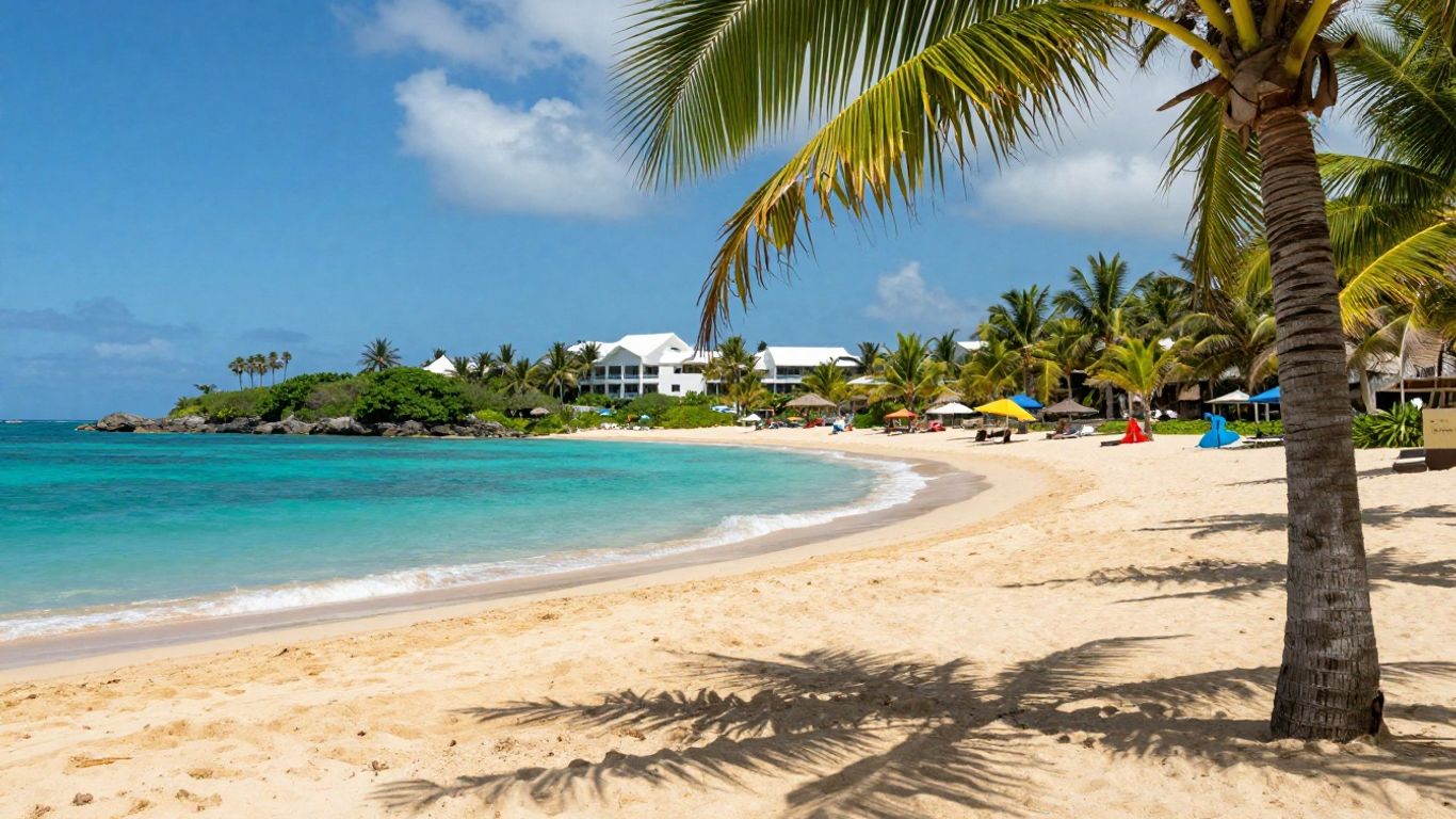 Sunny Canary Islands beach with palm trees and resort.