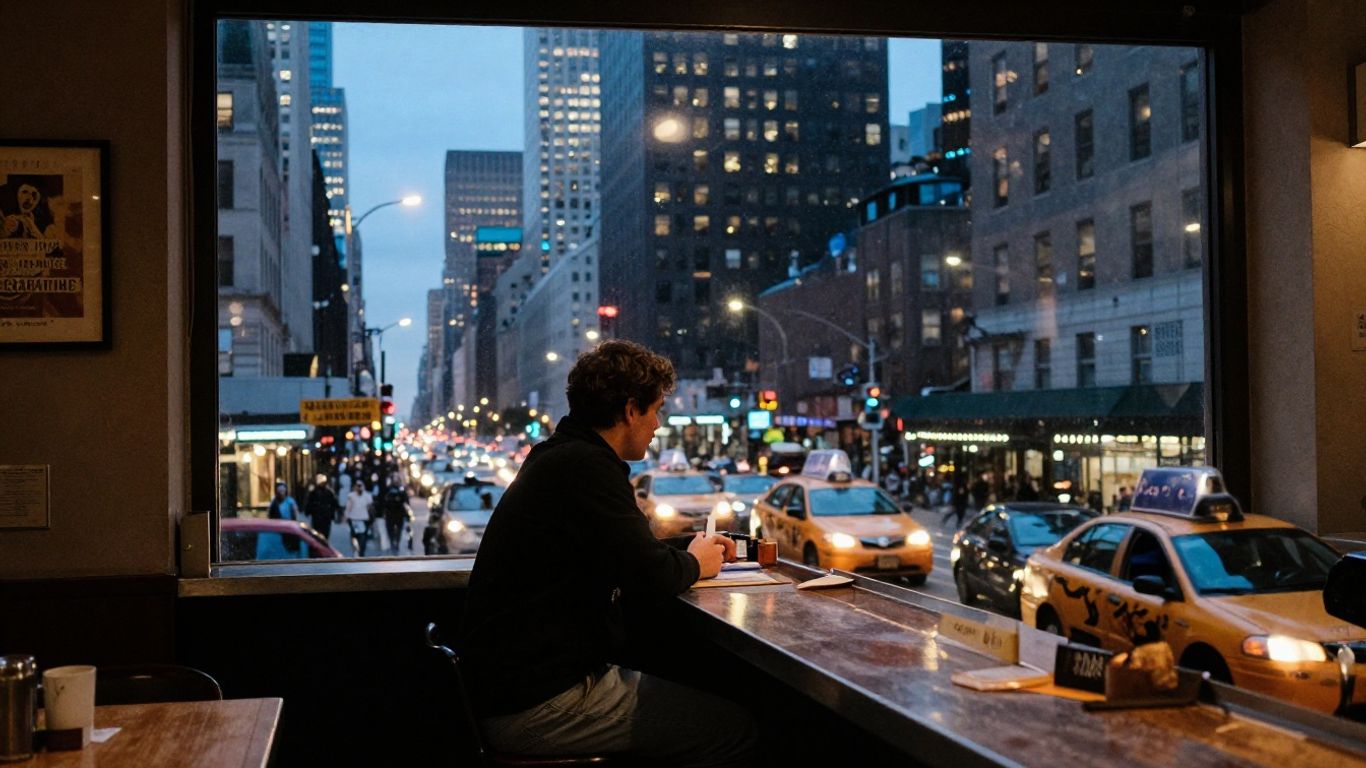 New York skyline glowing above busy streets