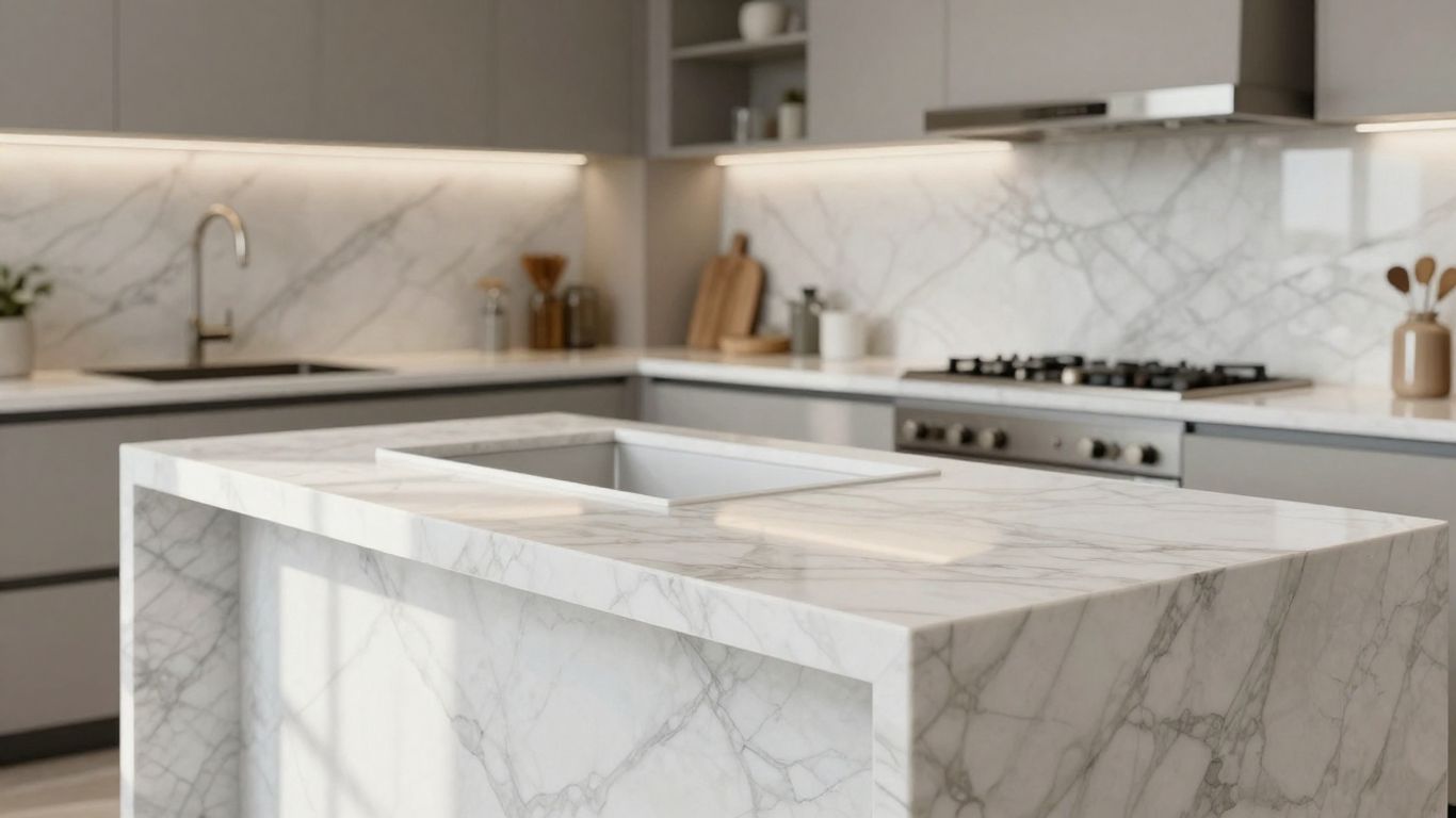 Elegant marble kitchen countertop and island sketch.