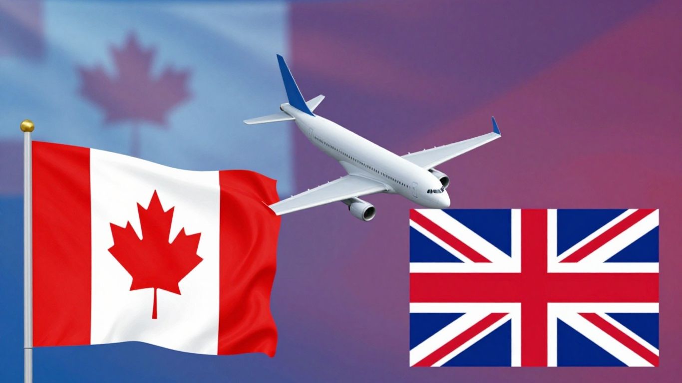 Canadian and UK flags with airplane connecting them.