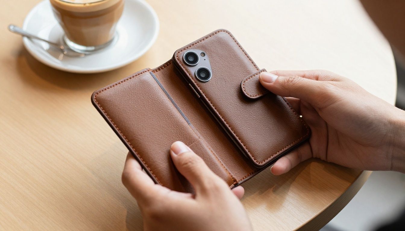 A person in a bright, modern Australian cafe placing their Galaxy S26 in a sleek leather wallet case next to a flat white coffee.