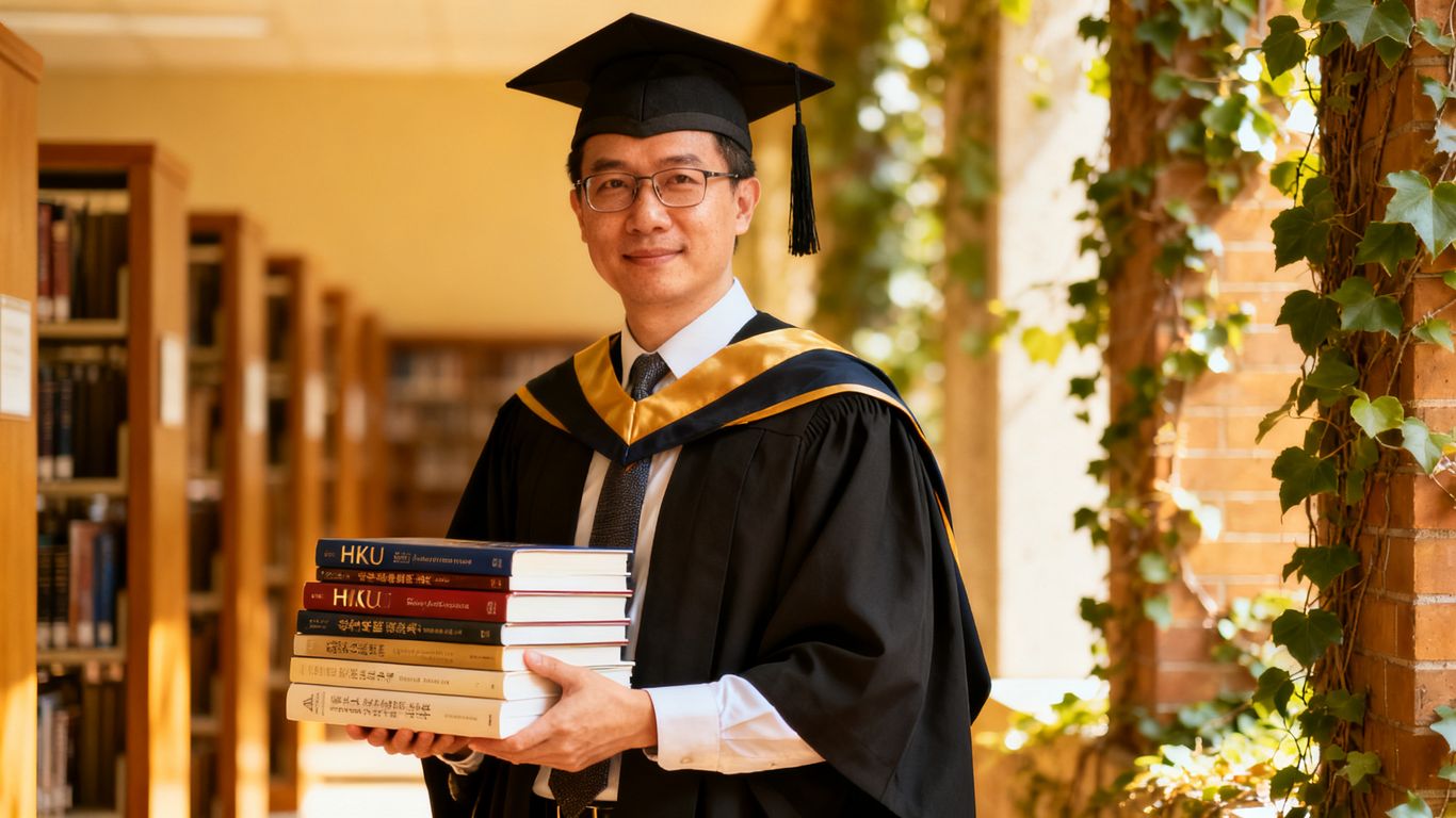 Bilingual author, HKU graduate, holding books.
