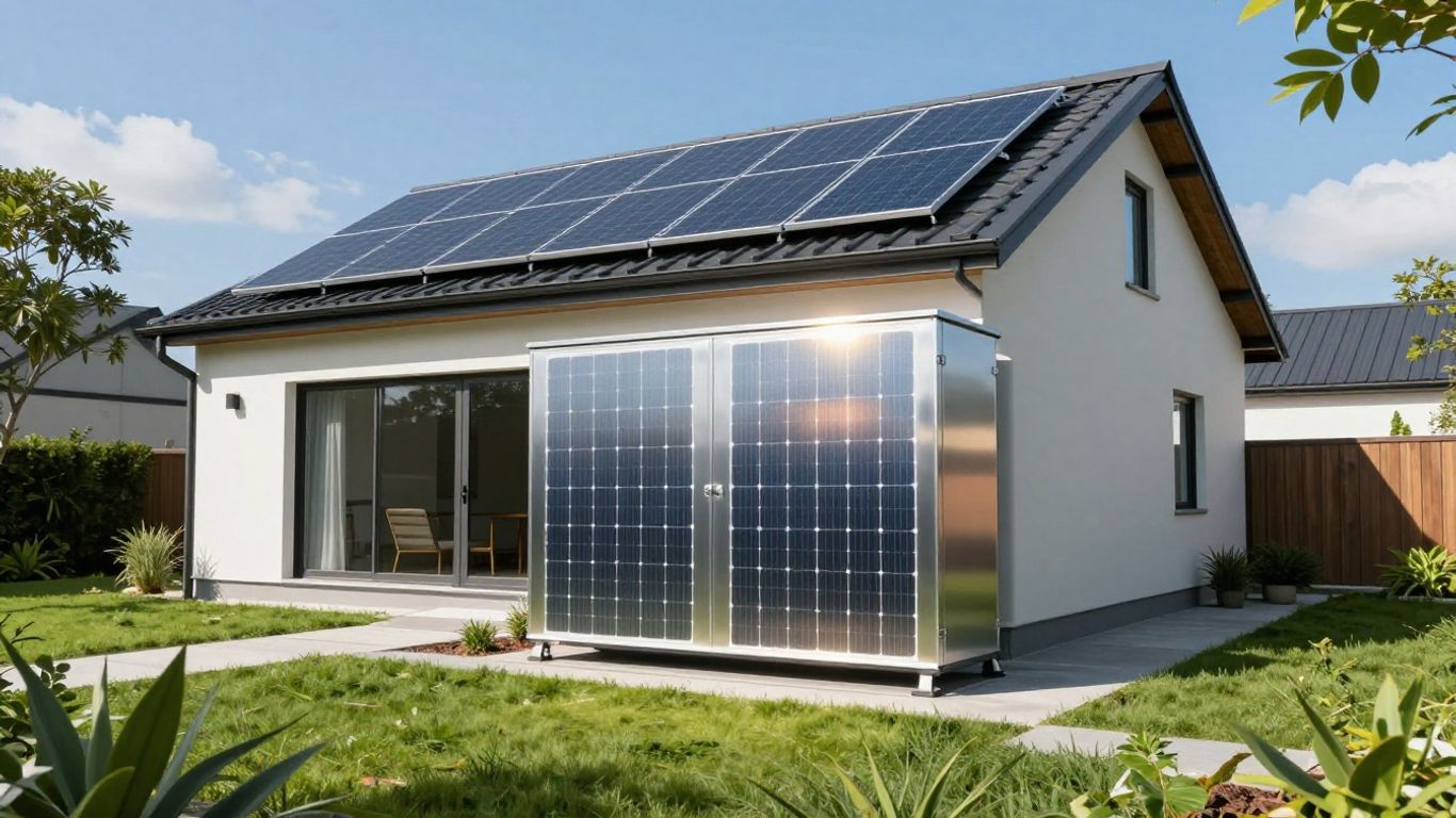 House with solar panels and battery, powered by the sun.