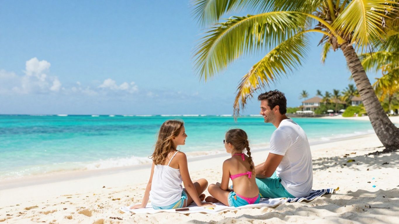 Family enjoying sunny beach resort activities