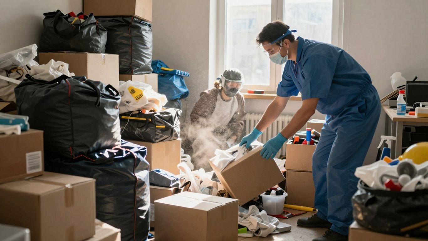 Professional team cleaning a cluttered hoarded room.