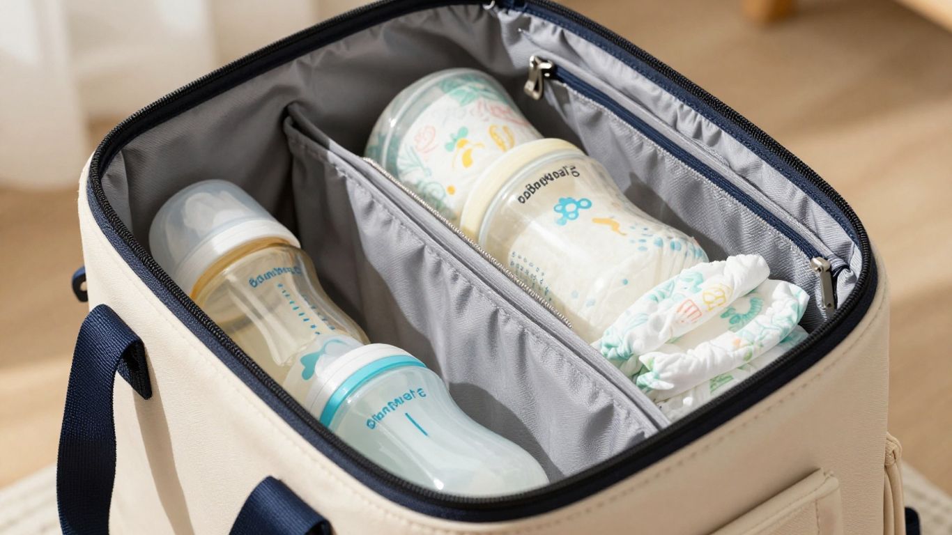 Stylish diaper bag with baby essentials inside.