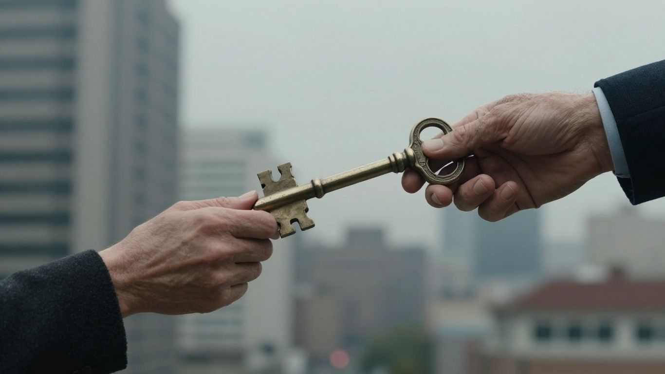 Elderly hand passing a key to a younger hand.