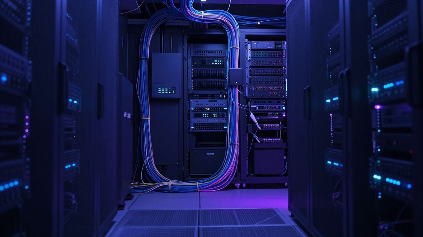 Futuristic server room with glowing lights and cables.