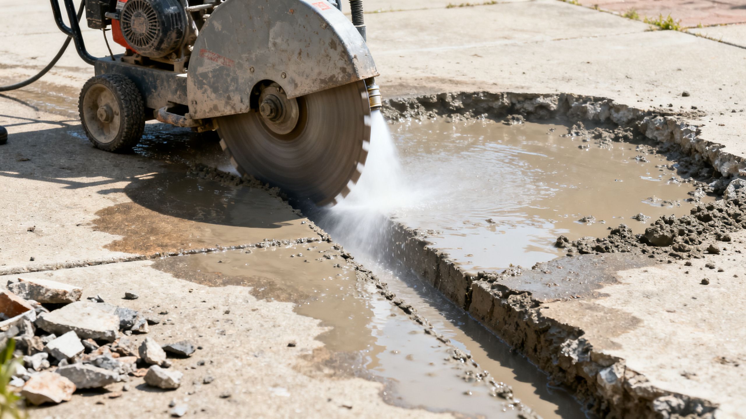 Walk-behind floor saw cutting a straight channel across a concrete yard, with wet cutting water and slurry contained around the work area