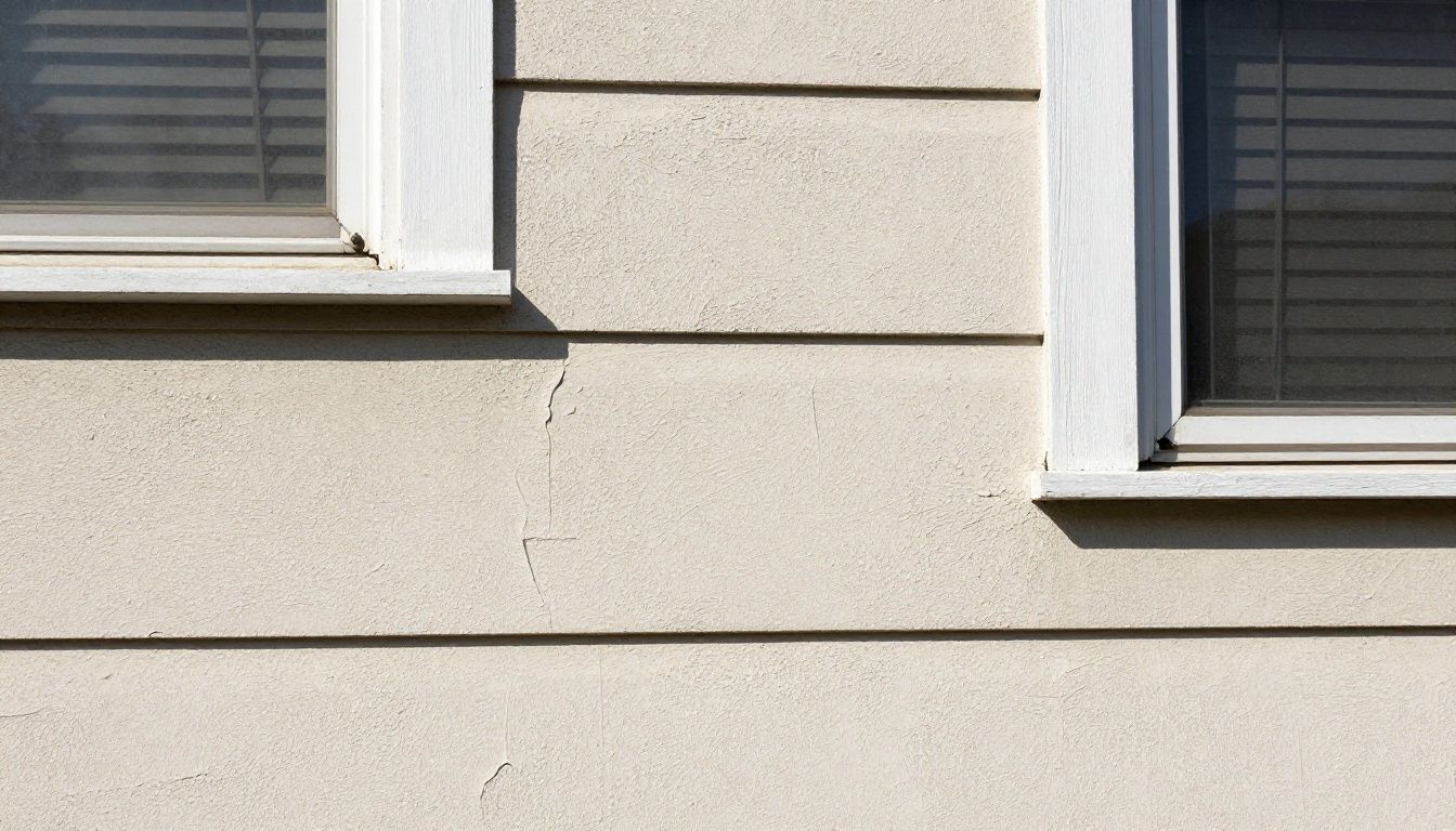 Photorealistic residential stucco exterior in a Chicagoland neighborhood showing a small area of bubbling and peeling finish near a window, natural daylight, no text or logos, realistic materials and gravity-respecting details