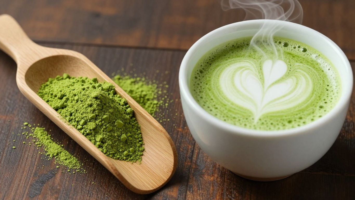 Vibrant green matcha powder and a frothy matcha latte.