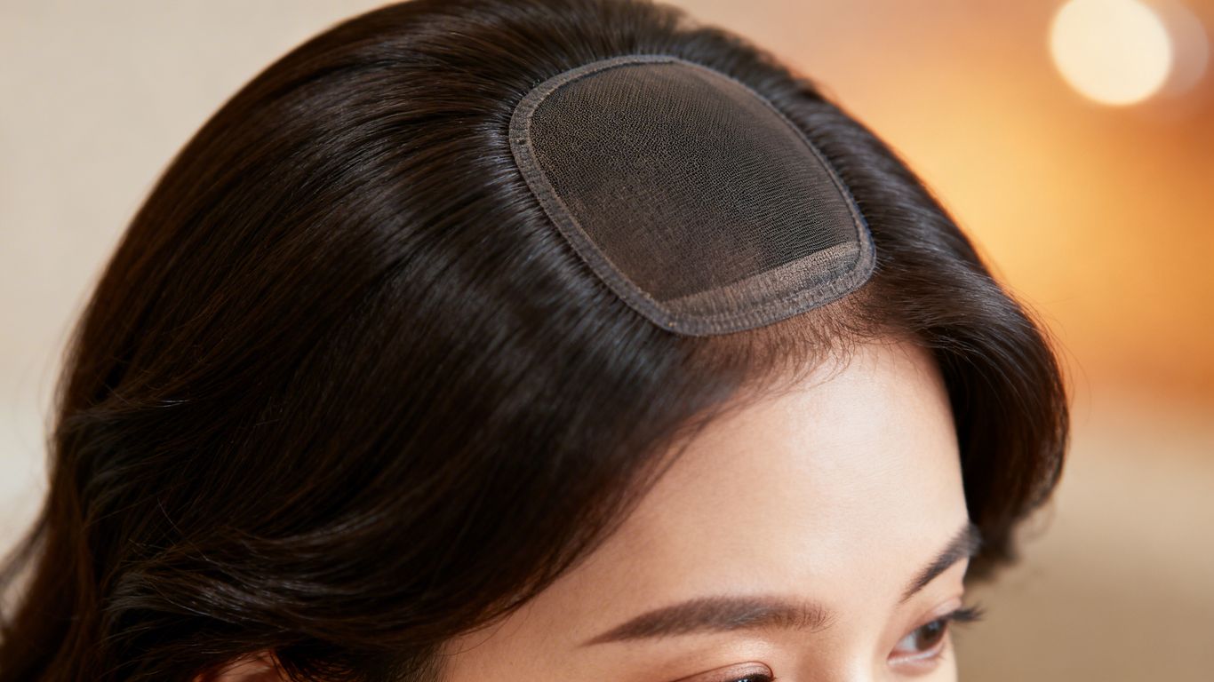 Woman with smooth synthetic hair topper, no static.