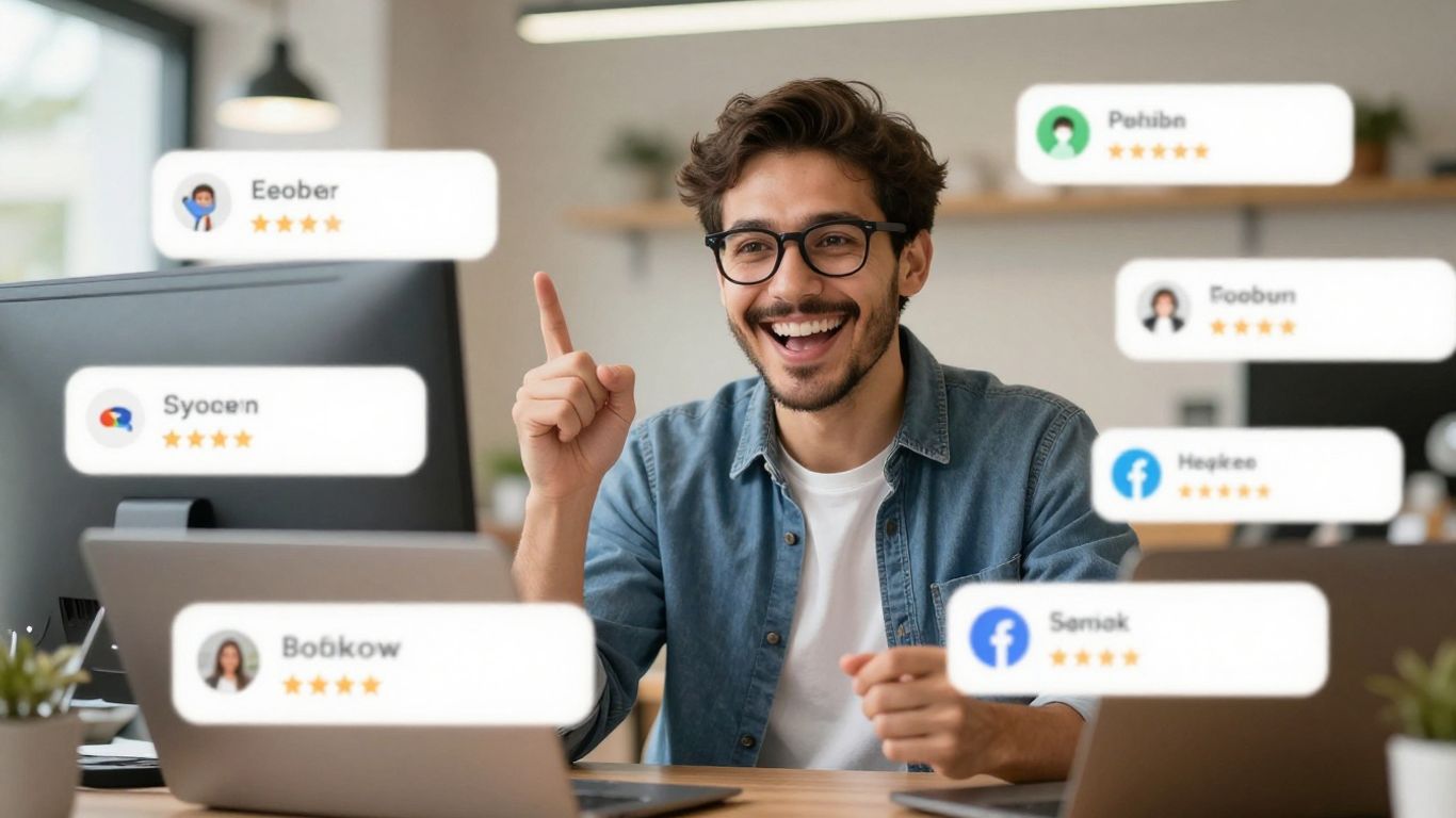 Business owner happy with positive reviews and star ratings.