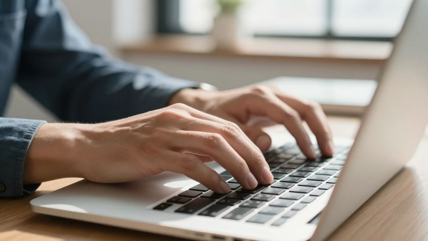 Hands typing on a laptop keyboard.