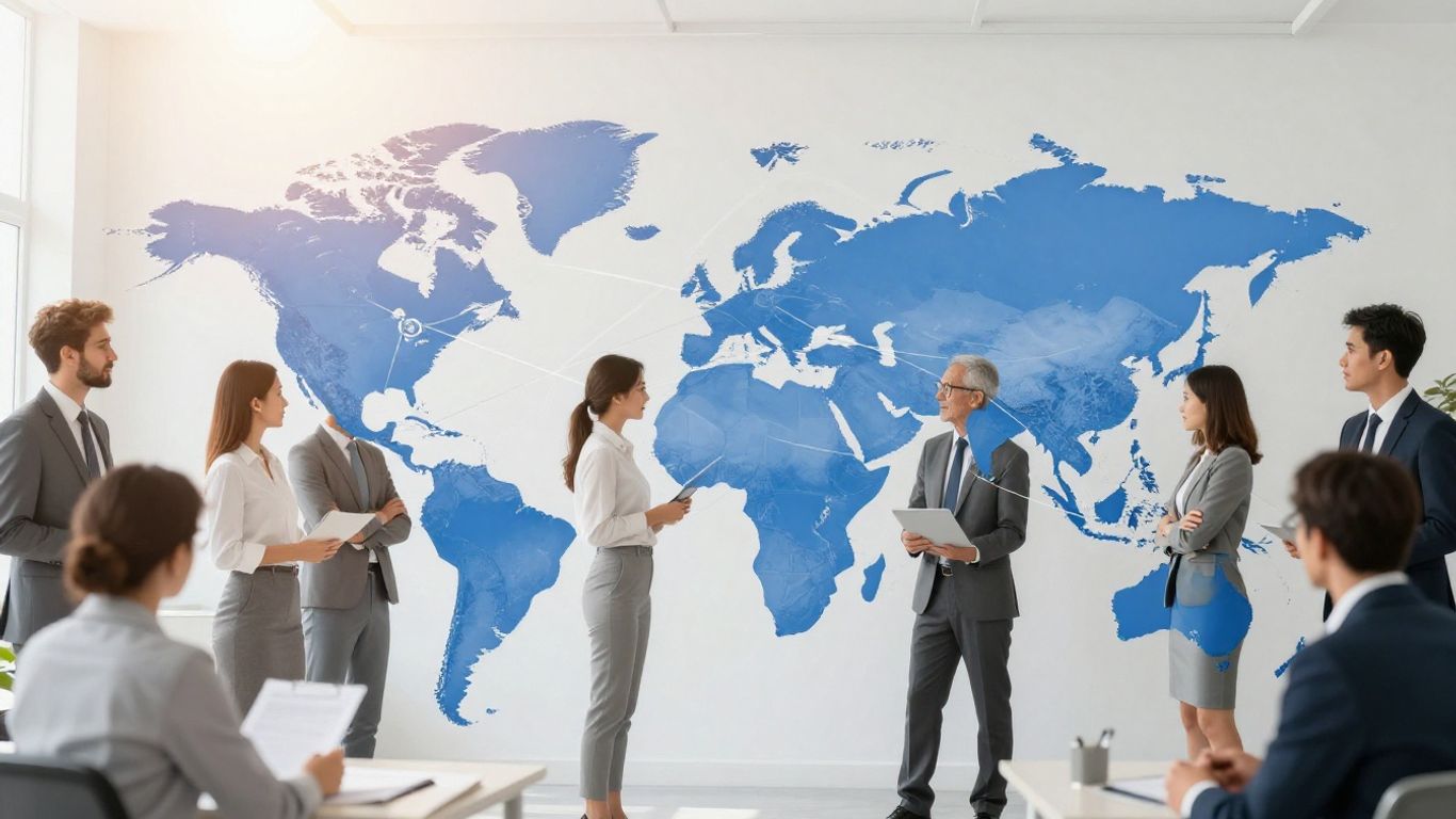 Profesionales colaborando alrededor de un mapa mundial.