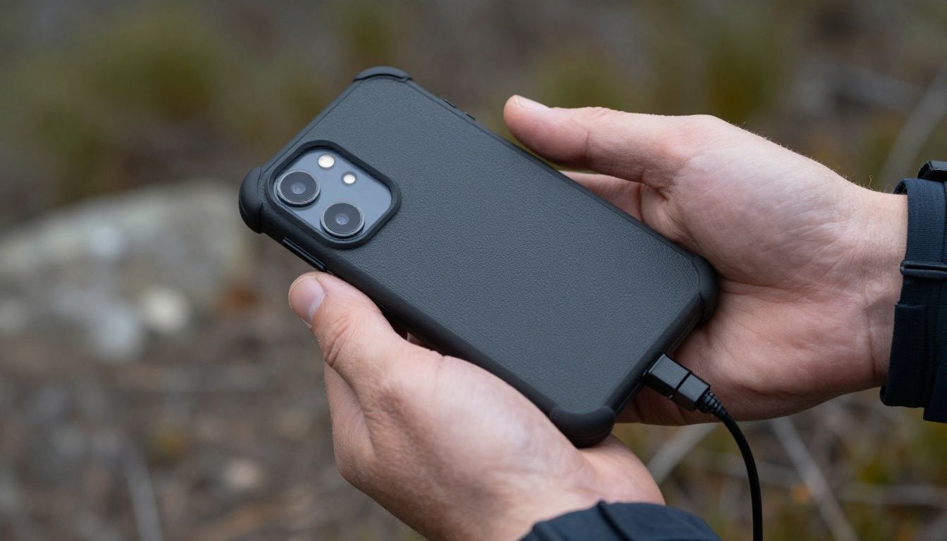 A close-up of someone's hands securely holding a Galaxy S26 in a rugged, protective case while hiking on a bush trail in the Blue Mountains.