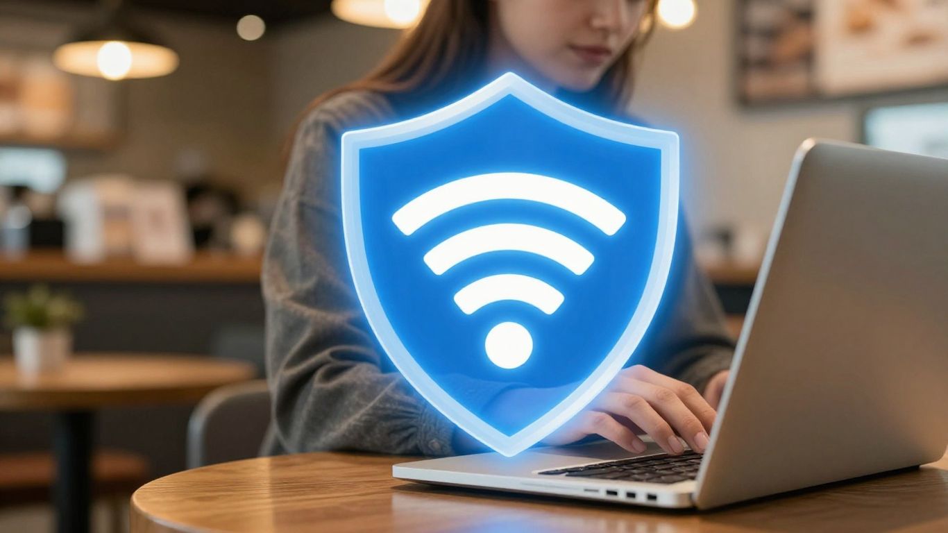 Pessoa usando laptop em café com escudo de segurança VPN.