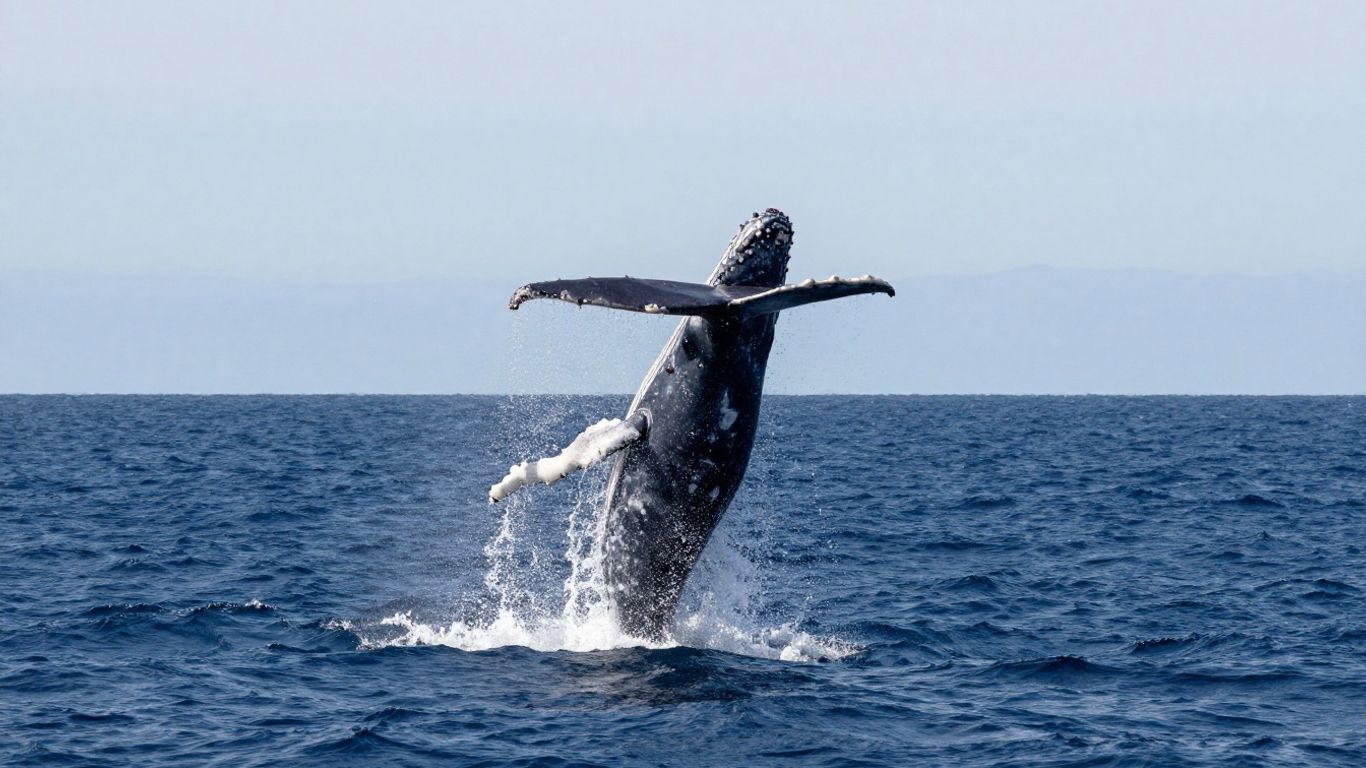 Whale breaching multiple times from drone's aerial view.