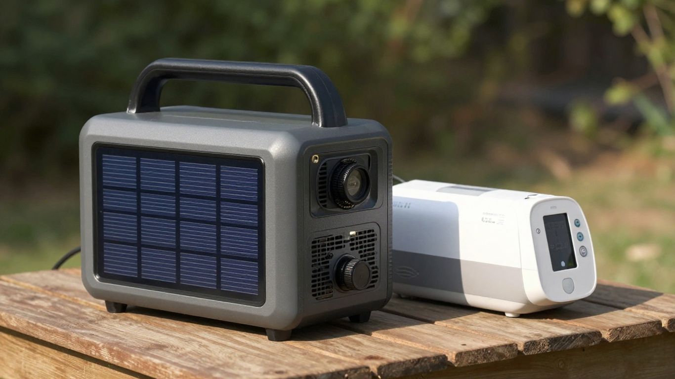 Solar generator powering a CPAP machine outdoors.