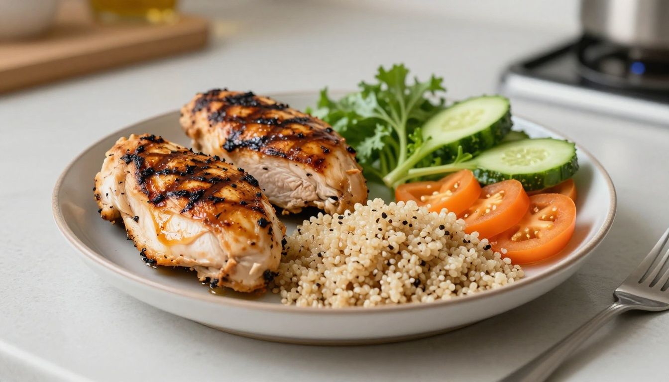 A well-prepared, healthy meal on a kitchen counter, featuring grilled chicken, quinoa, and fresh vegetables, symbolizing a structured diet for men's health.
