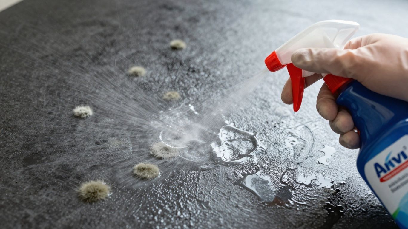 Hand spraying mold with bleach cleaner
